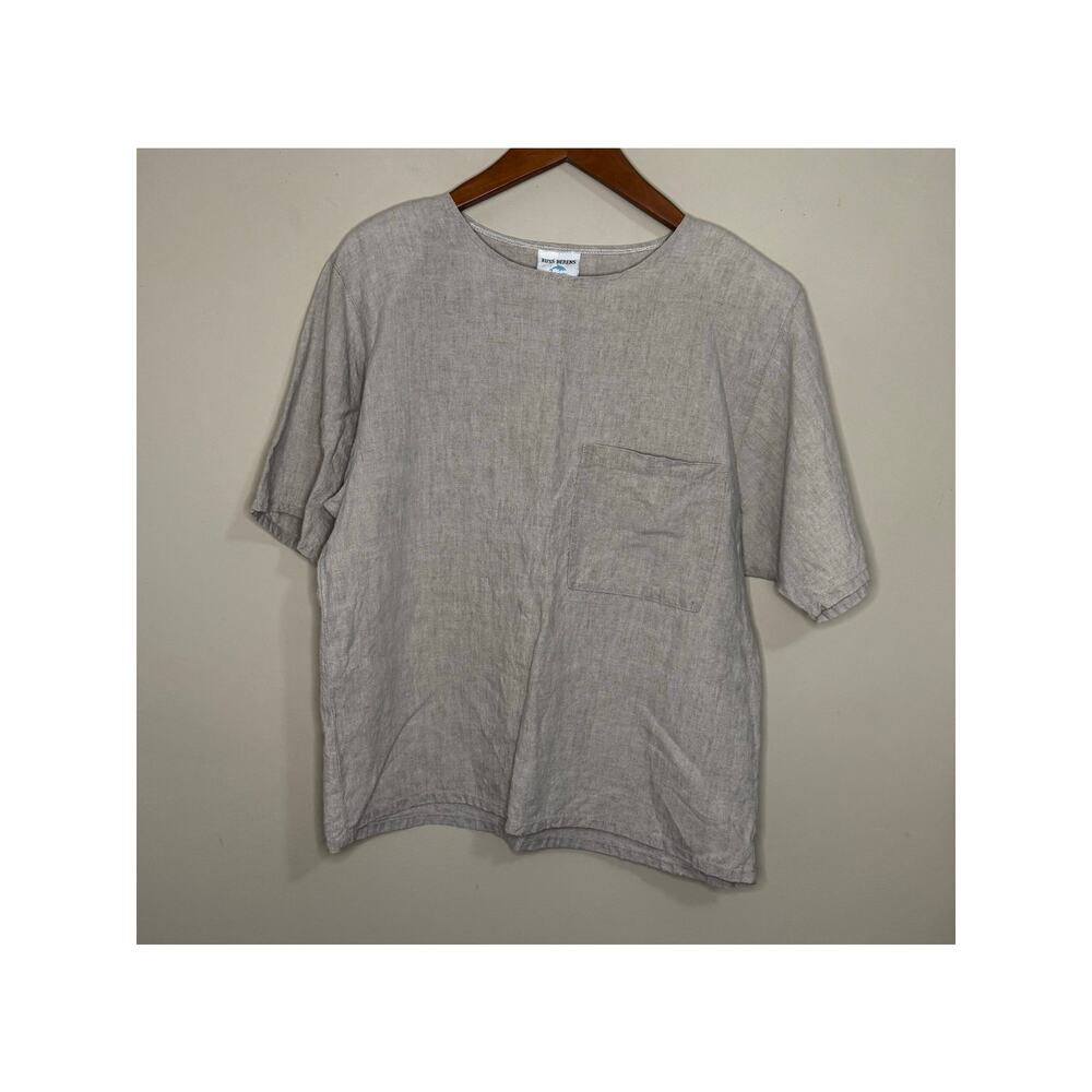 Russ Berens 100% Linen Top Women's Size Medium Boxy Short Sleeve Tan Lagenlook